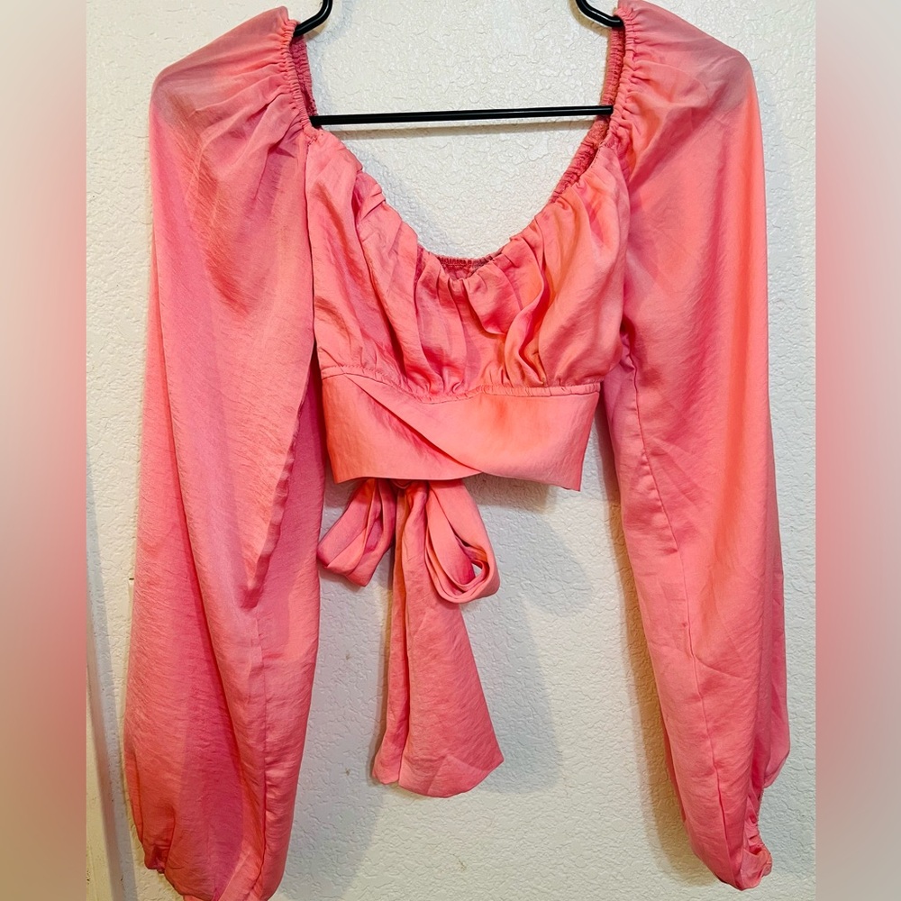 Pink off the shoulder crop top with tie in the back. Size Small